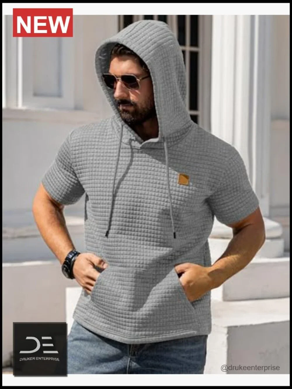 Short Sleeve Hoodie with Kanga Pocket Waffle Knit Pullover - Picture 2 of 6